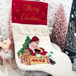 Vintage Needlepoint Santa Sleeping Christmas Stocking Toys Fringe - Red Velvet